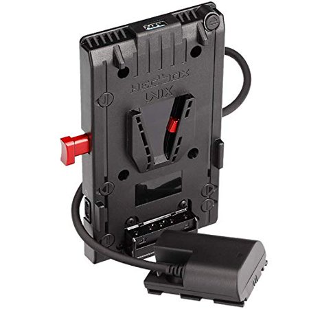 Black HEDBOX UNIX-LPE6 battery plate with a red locking lever, featuring multiple mounting points and a cable for connecting to cameras, designed for secure battery integration.