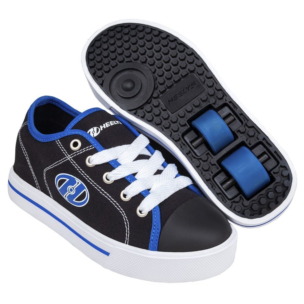 Classic blue skate shoes by Heelys, featuring a black canvas upper, white laces, blue accents, and a rubber sole with removable wheels for skating.