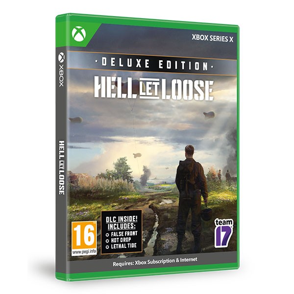 Green Xbox Series X game case featuring "Hell Let Loose Deluxe Edition" title, with a soldier silhouette against a war-torn landscape and text highlighting DLC content.