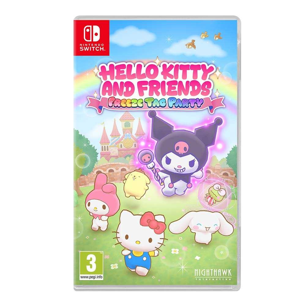 Colorful game cover featuring Hello Kitty and friends in a whimsical setting, with pastel colors, a rainbow, and a castle in the background, designed for Nintendo Switch.