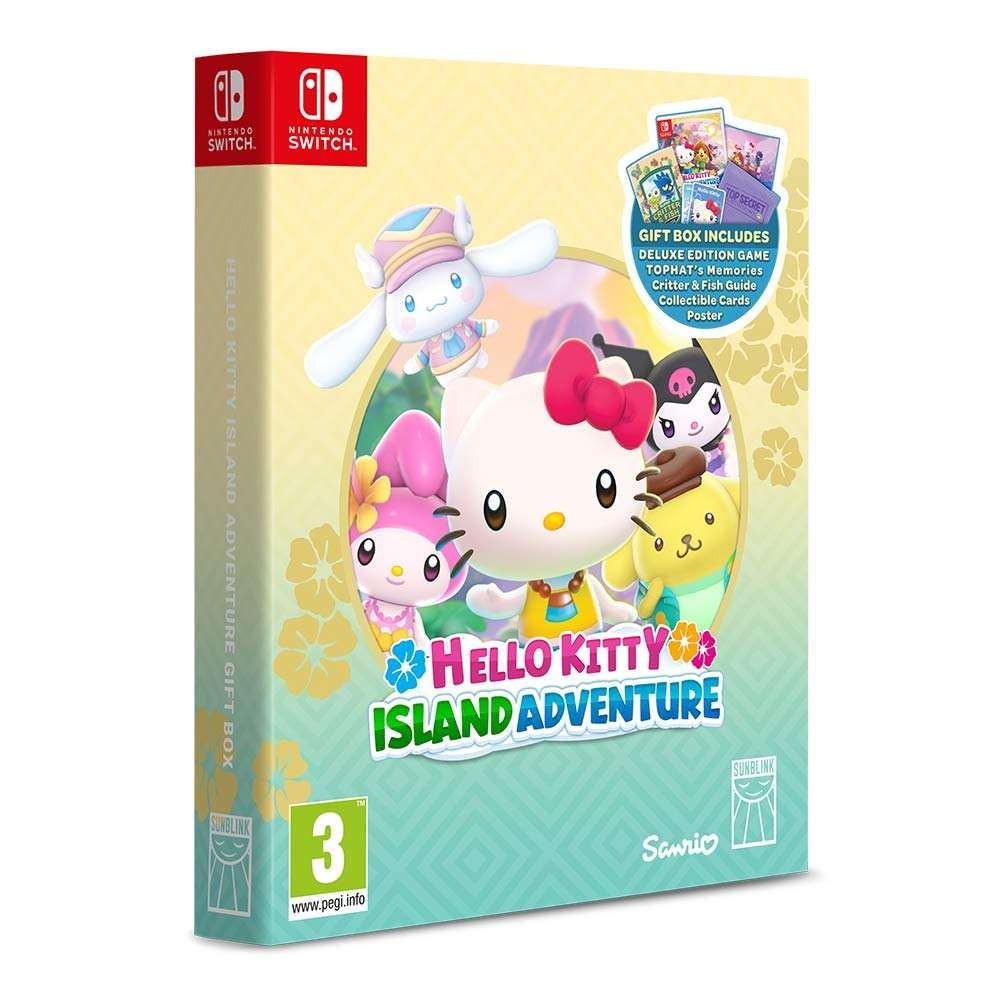 Hello Kitty Island Adventure gift box for Nintendo Switch featuring a colorful design with Hello Kitty and friends, includes exclusive edition game, guide, and poster.