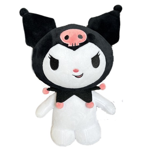 Soft plush toy of Kuromi, featuring a black hood with a pink skull, white body, and pink accents on the hood and hands, measuring 28cm tall.