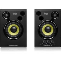 Black Hercules DJMonitor 42 speakers with yellow cones, three-way design, and control knobs on the right speaker.