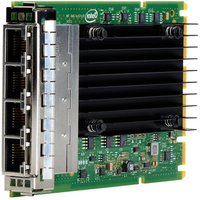 Green Hewlett Packard Ethernet card with black heat sink and four network ports.