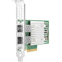 Hewlett Packard network adapter with dual SFP+ ports, green circuit board, and silver bracket with ventilation holes.