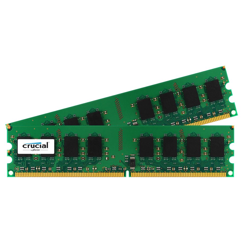 Green circuit board memory module with black chips and gold connectors, labeled "Crucial," featuring a 2 GB DDR3 capacity.