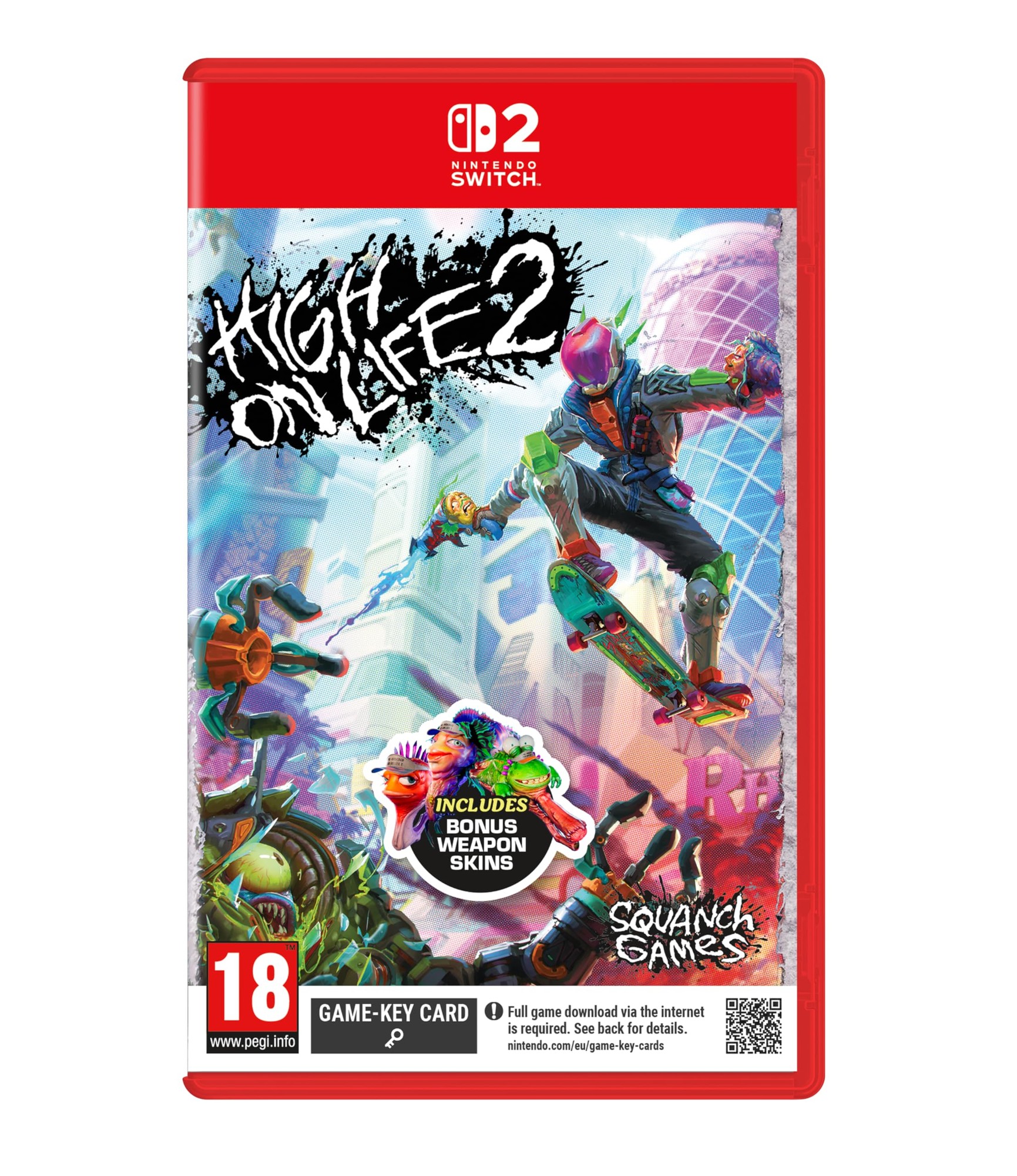 High on Life 2 for Switch 2 features a vibrant, colorful cover with graffiti-style artwork, showcasing characters and a futuristic cityscape, housed in a red case with a 18+ rating.