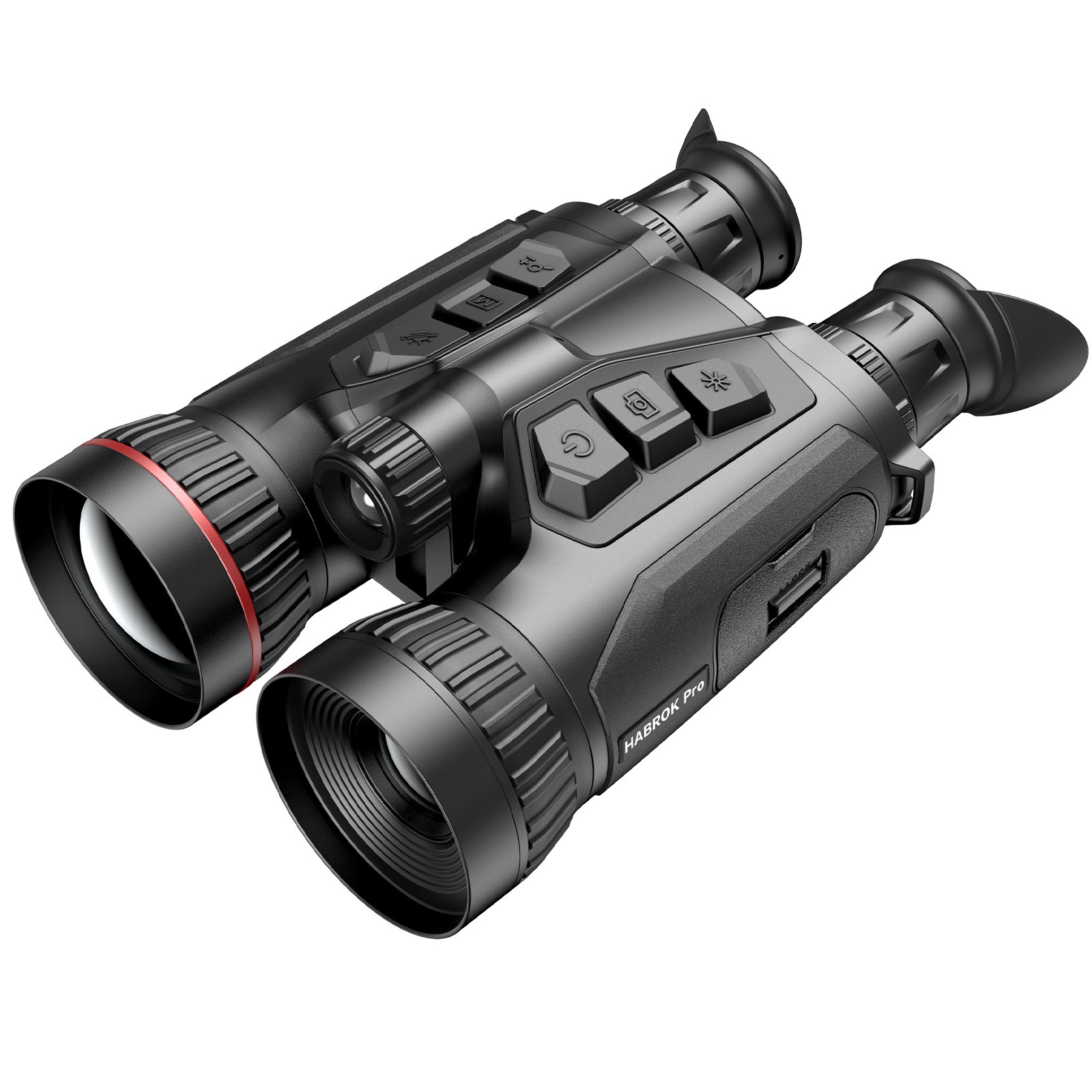 Compact black thermal binoculars with red accents, featuring dual eyepieces, multiple control buttons, and a sleek ergonomic design for enhanced grip and usability.