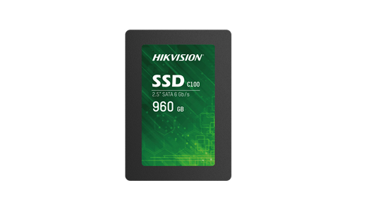 Hikvision C100 960 GB SSD in a sleek black casing, featuring a vibrant green label with the text "HIKVISION" and "SSD C100" prominently displayed.