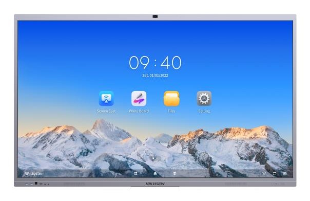 Interactive flat panel display by Hikvision, 190.5 cm, featuring a sleek silver frame, vibrant touchscreen interface with app icons, and a scenic mountain background.