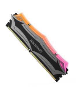 Hikvision U10 8 GB DDR4 memory module featuring a sleek black design with vibrant orange and pink accents, ideal for enhancing computer performance.