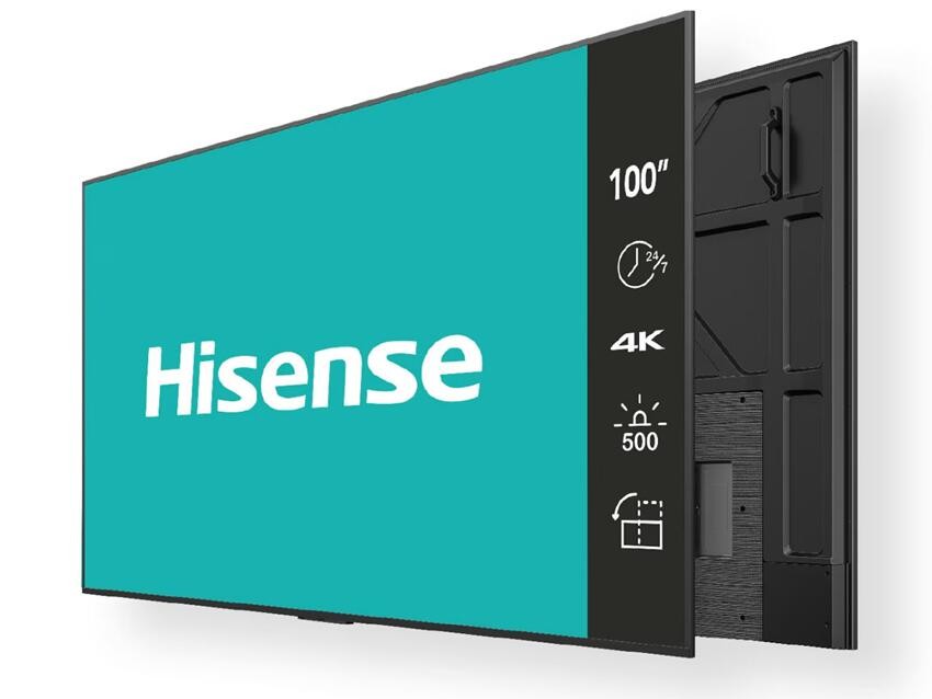 100-inch Hisense 4K UHD digital signage display featuring a sleek black frame, vibrant turquoise background, and icons indicating 24/7 operation and brightness settings.