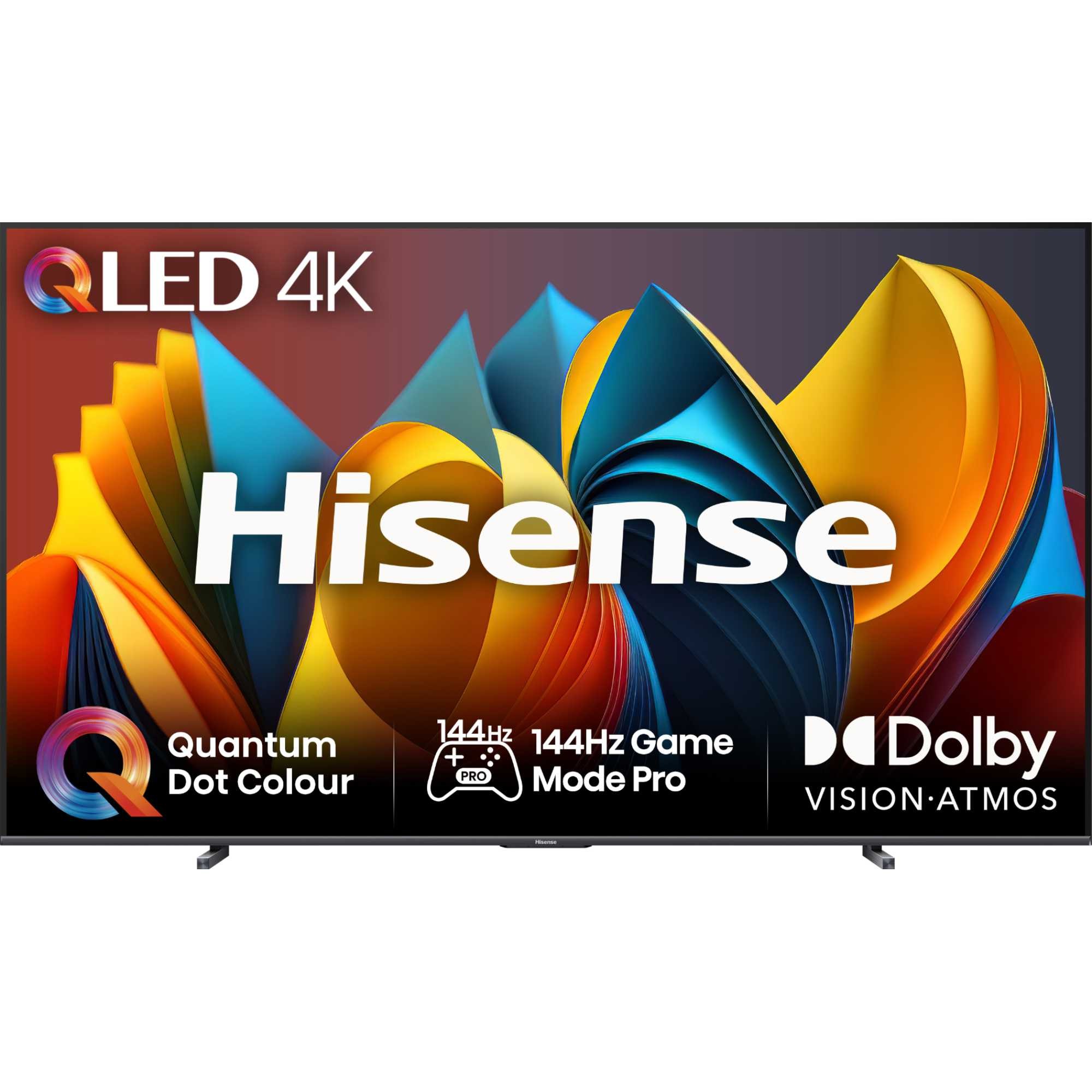 Hisense 100E7NQTUK 4K Ultra HD Smart TV features a vibrant QLED display with a colorful abstract design, showcasing the brand name prominently in bold letters.