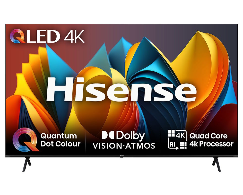 100-inch Hisense 4K Ultra HD Smart TV in grey, featuring a vibrant QLED display with Quantum Dot Colour, Dolby Vision, and a sleek design on two black stands.