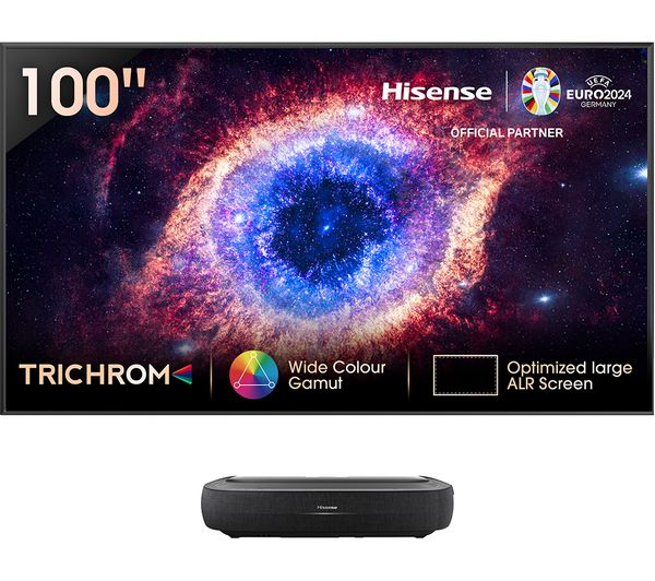 100" Hisense 100L9 Smart 4K Ultra HDR Laser TV featuring a vibrant cosmic design, sleek black base, Trichroma technology, and an optimized large ALR screen for enhanced viewing.