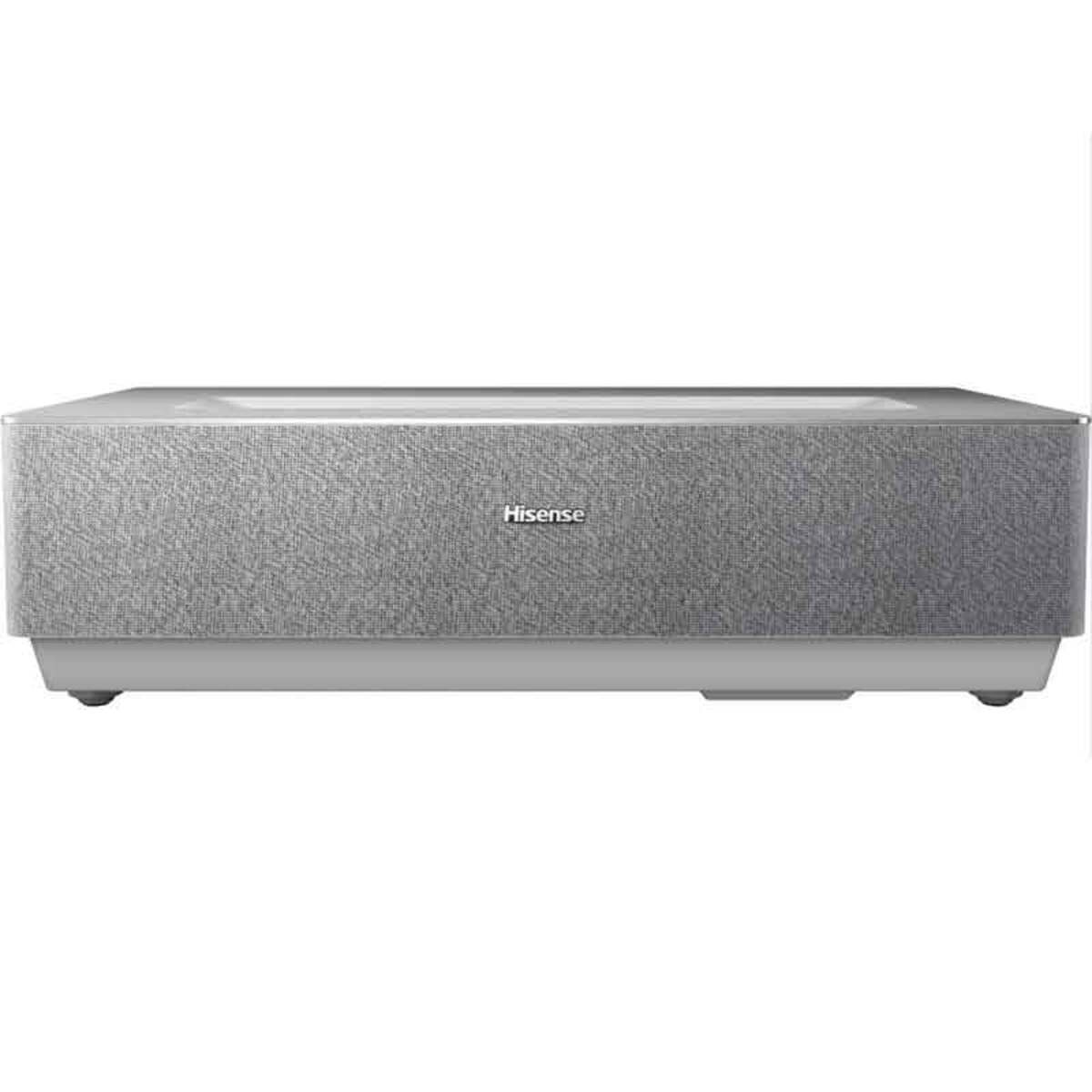 Hisense 120L5HTUKA L5H 120" 4K Smart Laser Projector TV featuring a sleek gray fabric finish, a low-profile design, and Dolby Atmos sound technology.