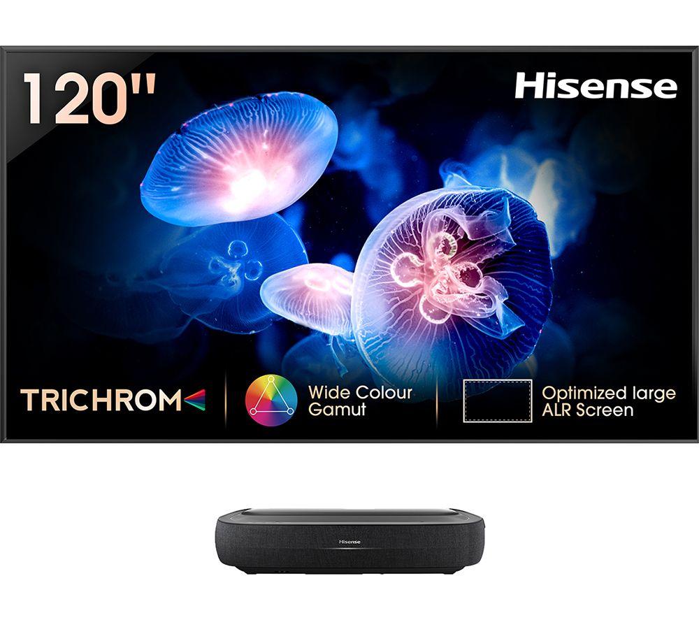 Hisense 120L9HTUKA 120" 4K UHD Smart Laser TV features a sleek black frame, vibrant jellyfish visuals, Trichroma technology, and an optimized large ALR screen beneath.