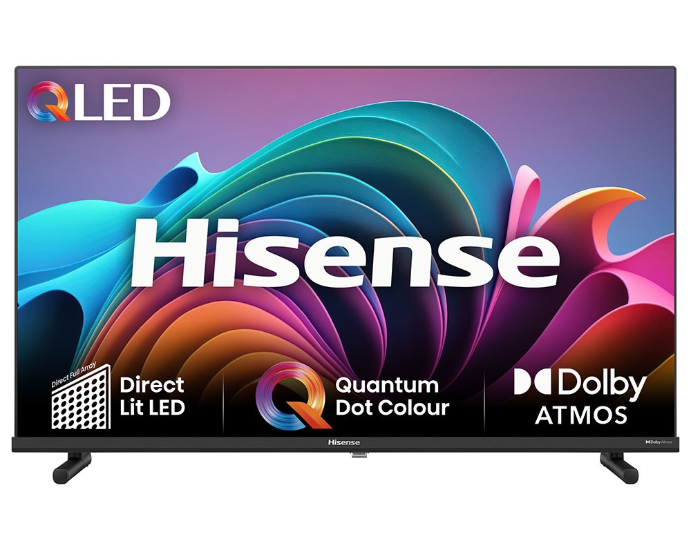 Hisense 32A5NQTUK A5 32" QLED HD Smart TV featuring a vibrant display with Quantum Dot Colour, Dolby Atmos, and a sleek black frame on two stand legs.