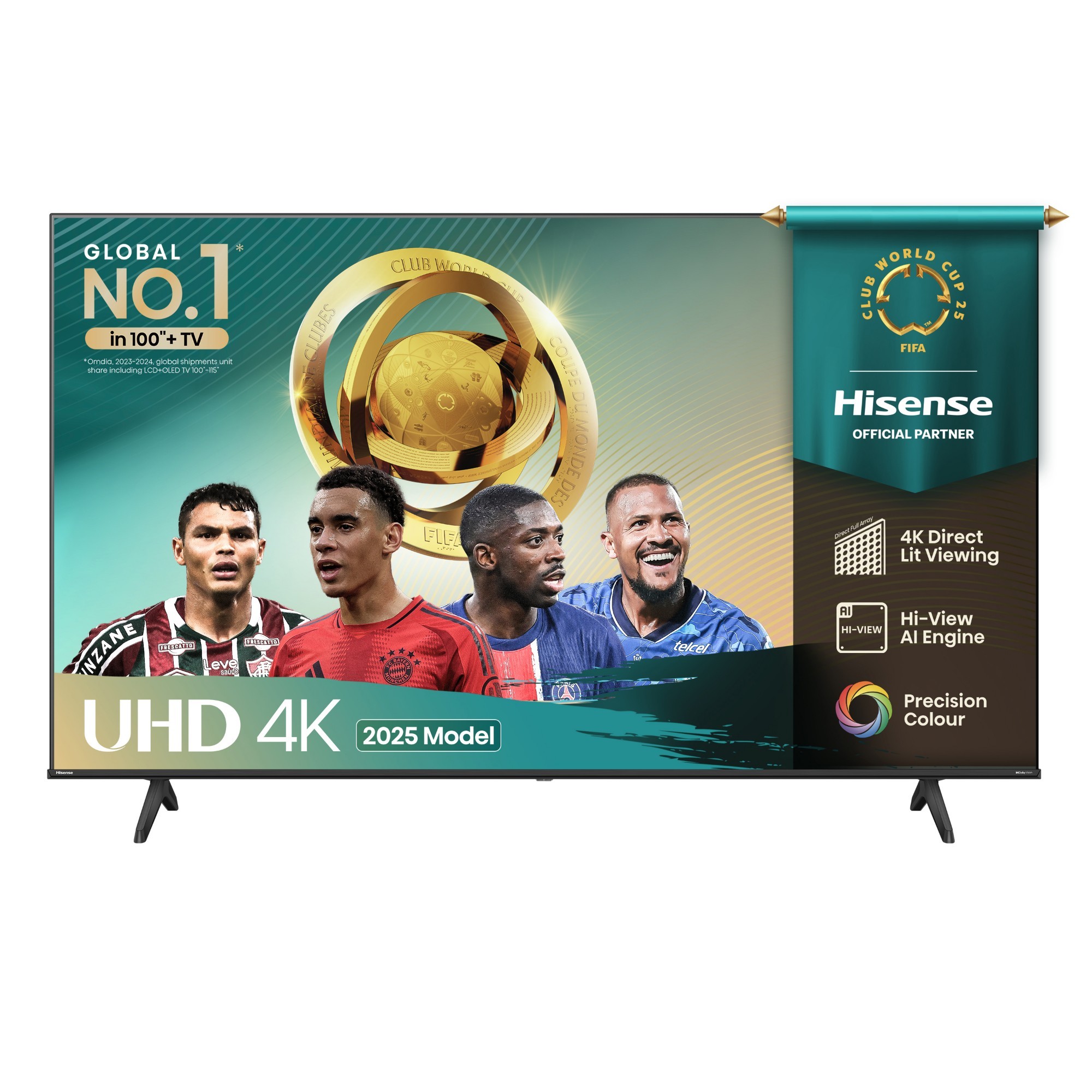 Hisense 43" 4K Ultra HD Smart TV featuring a vibrant display with a FIFA World Cup banner, showcasing athletes and a sleek black frame with sturdy legs.