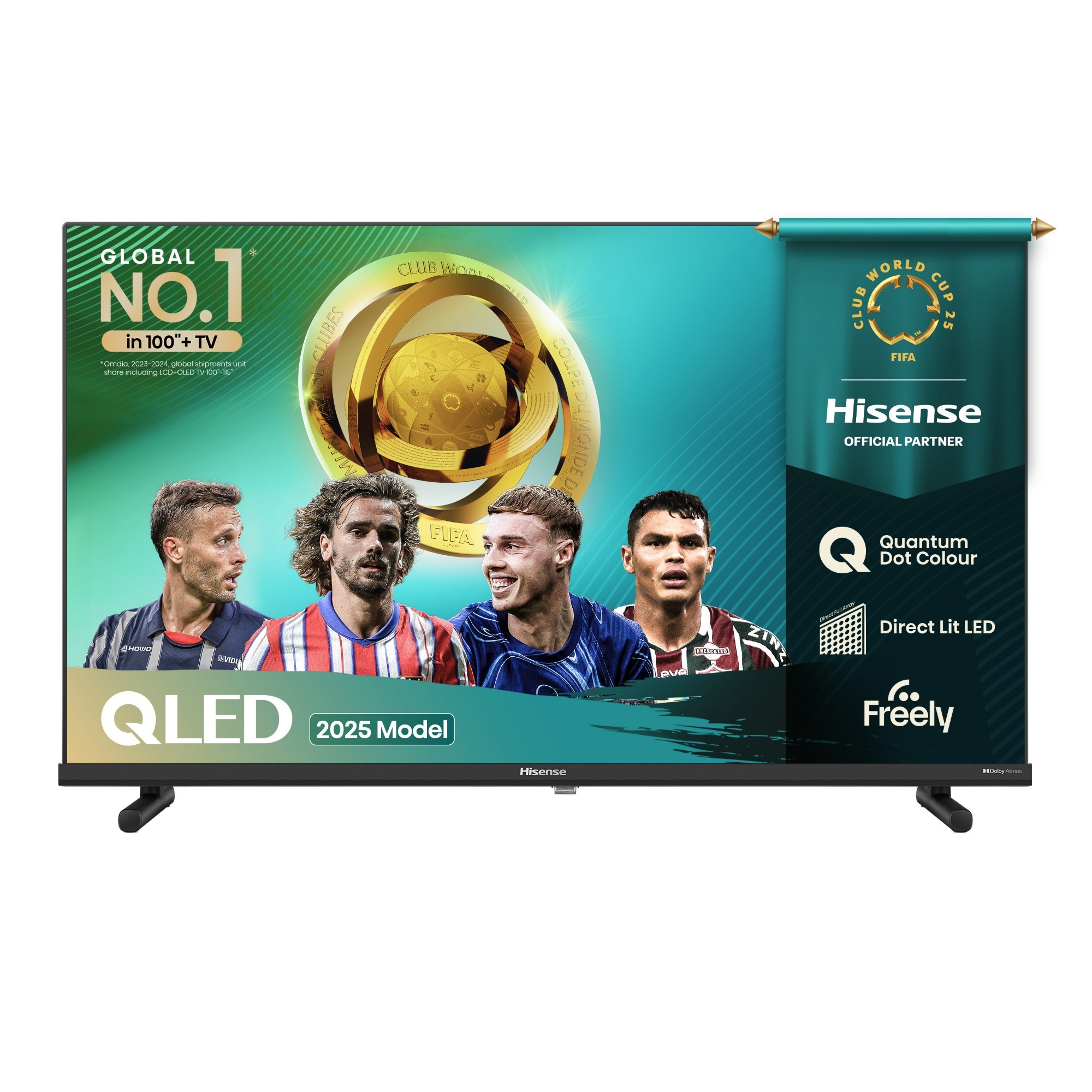 Hisense 32" 1080p Full HD Smart QLED TV featuring a sleek black frame, vibrant display showcasing FIFA World Cup visuals, and a promotional banner highlighting its Quantum Dot technology.