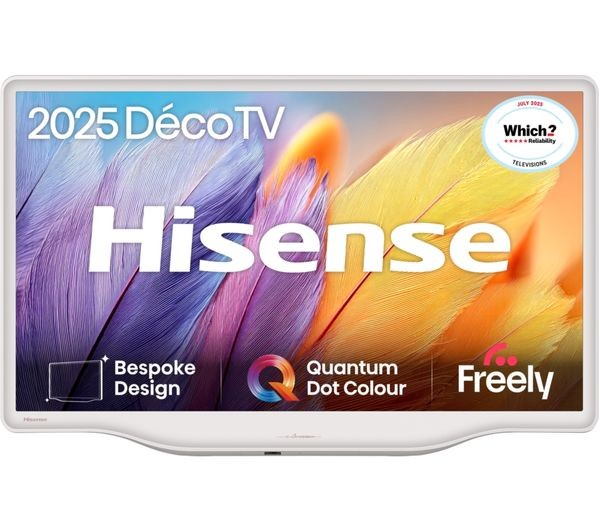 32" Hisense Deco Smart Full HD HDR LED TV in white, featuring vibrant feather graphics, Quantum Dot Colour technology, and Freely branding, highlighting its bespoke design.