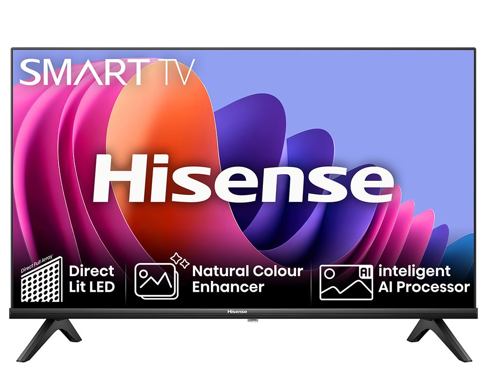 Hisense 40A4NTUK 40" Full HD Smart TV in black with direct lit LED, natural colour enhancer, and AI processor, featuring a vibrant screen design in shades of purple and pink.