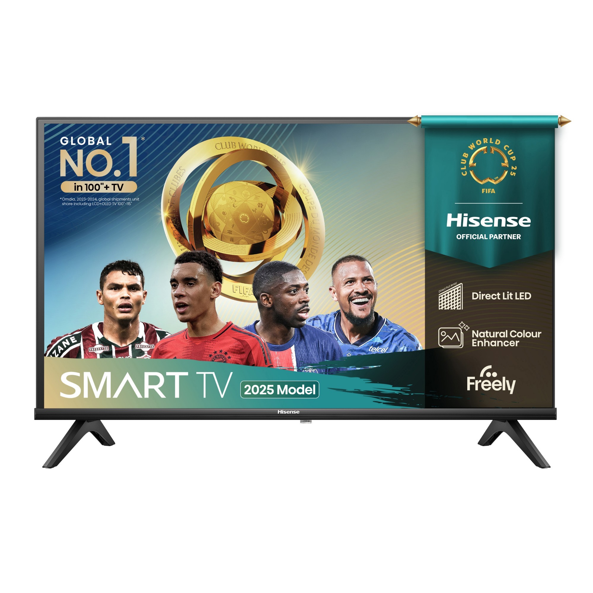 Hisense 40" A4QTUK FHD LED TV featuring a sleek black frame, stand, and vibrant display with sports graphics and promotional banners for FIFA and Freely.