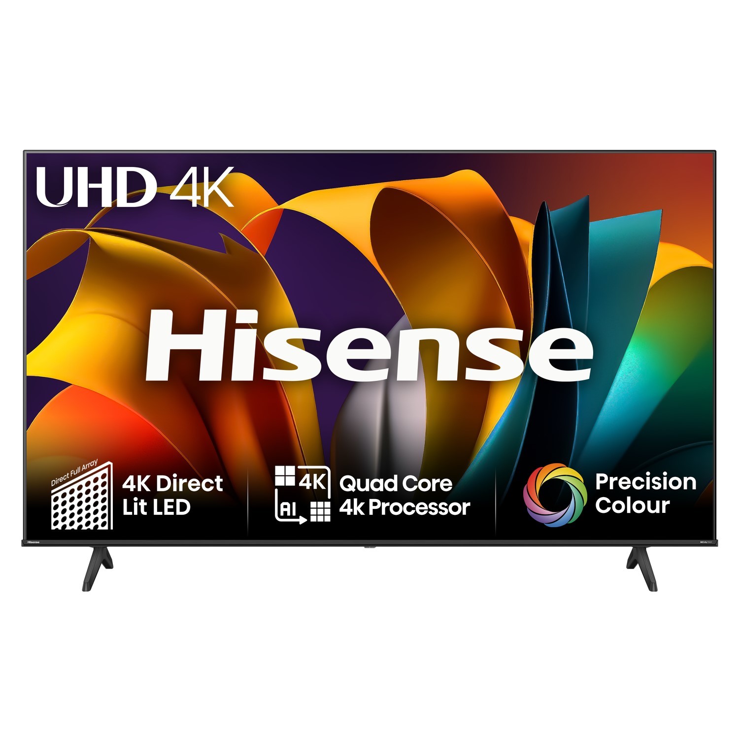 Hisense 43A6NTUK 4K Ultra HD Smart TV with a sleek black frame, featuring vibrant colors and key specifications like 4K resolution and Quad Core 4K Processor.