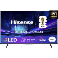Hisense 43" 144Hz QLED 4K Smart AI TV with thin black bezel, sleek stand, and vibrant display showing FIFA sponsorship.