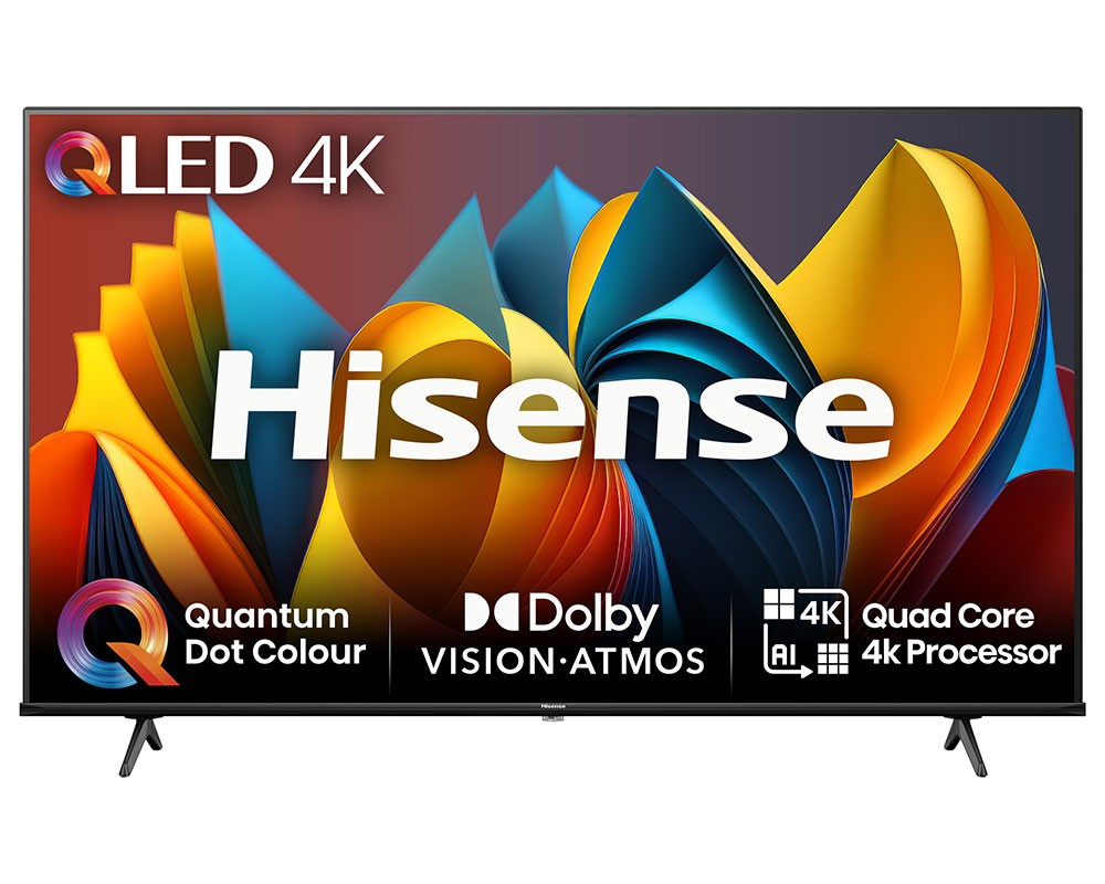 Hisense 43E7NQTUK 43-inch Smart QLED 4K HDR TV featuring vibrant colors, Quantum Dot technology, Dolby Vision, Dolby Atmos, and a sleek design with a minimalist stand.