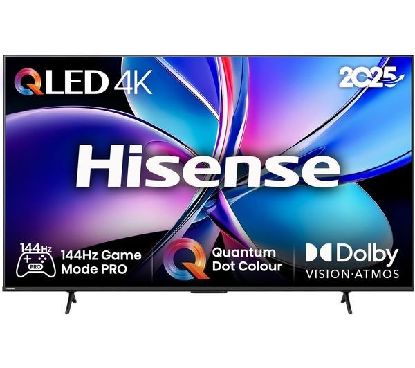 Hisense 65" E7QTUK PRO QLED Smart AI TV features a vibrant display with Quantum Dot Colour, 144Hz refresh rate, and Dolby Vision Atmos, set on sleek black legs.