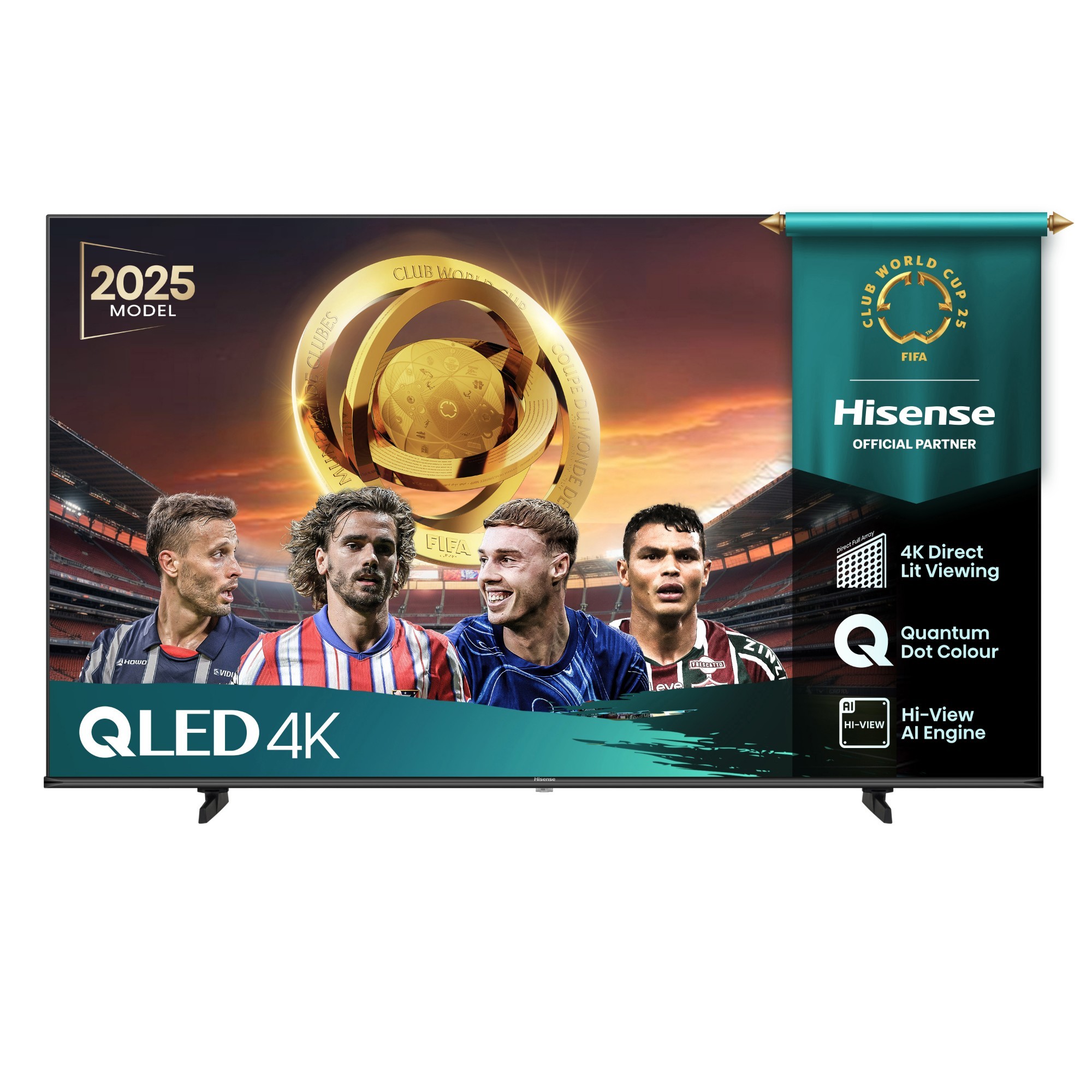 Hisense 50" E7QTUK QLED Smart AI TV features a sleek black frame, vibrant 4K display, and promotional graphics for the FIFA Club World Cup, showcasing football players and branding.
