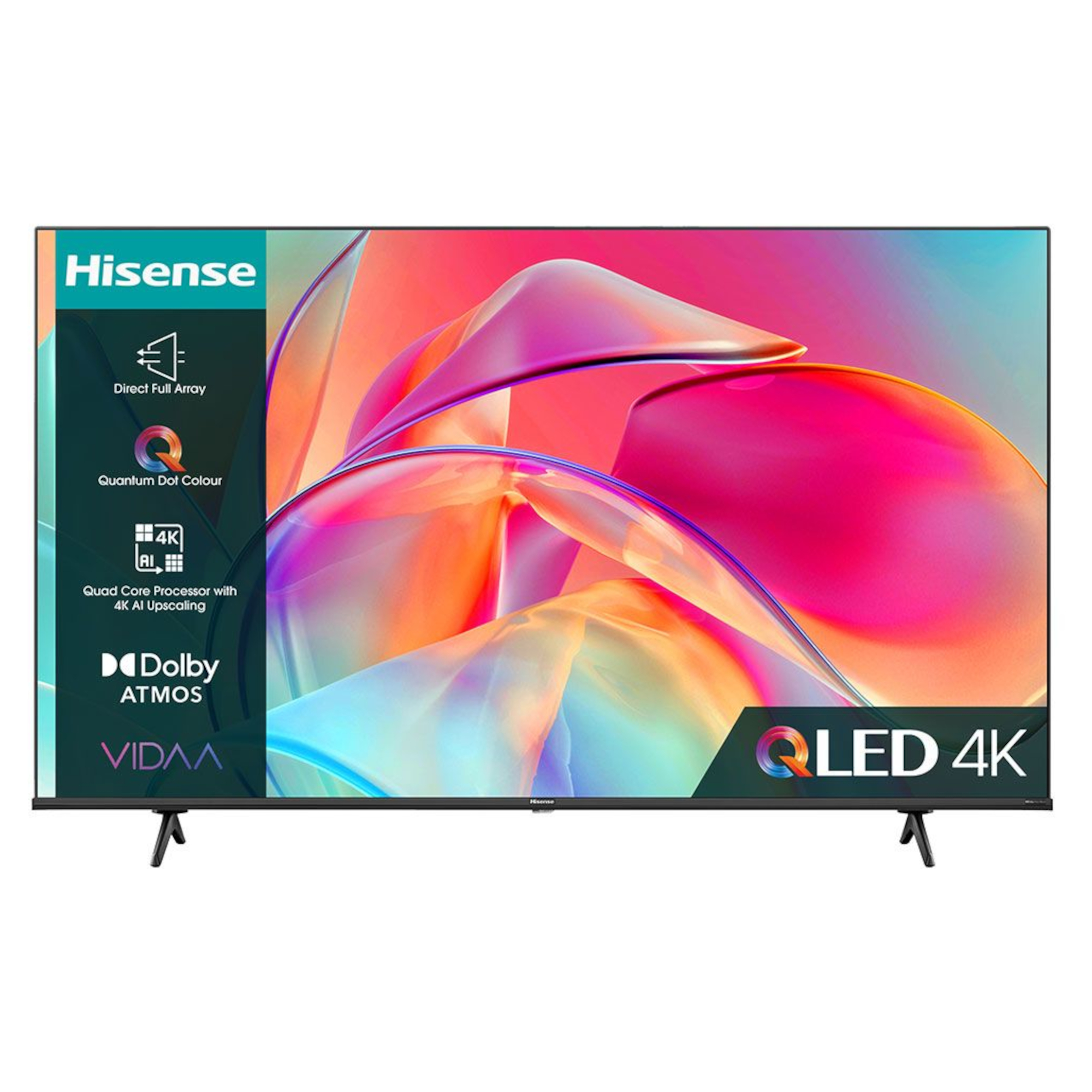Hisense 50E7KQTUK E7KQ 50" QLED UHD 4K Smart TV features a vibrant, colorful display with Quantum Dot technology, sleek black frame, and stands, showcasing its modern design.