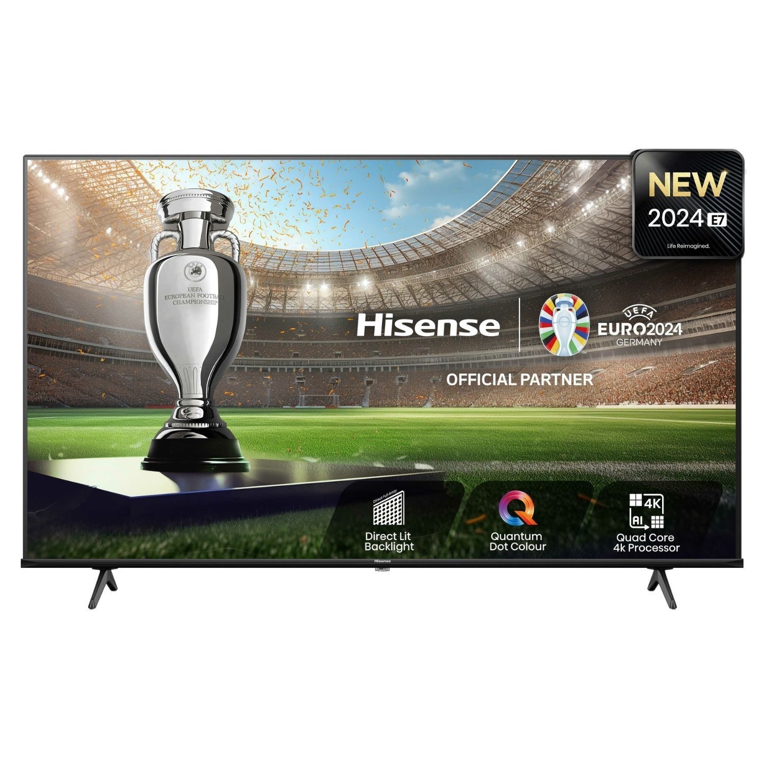 Hisense 50E7NQTUK E7NQ 50" QLED UHD 4K Smart TV features a sleek black frame, vibrant display showcasing a sports scene, and stands on two sturdy legs.