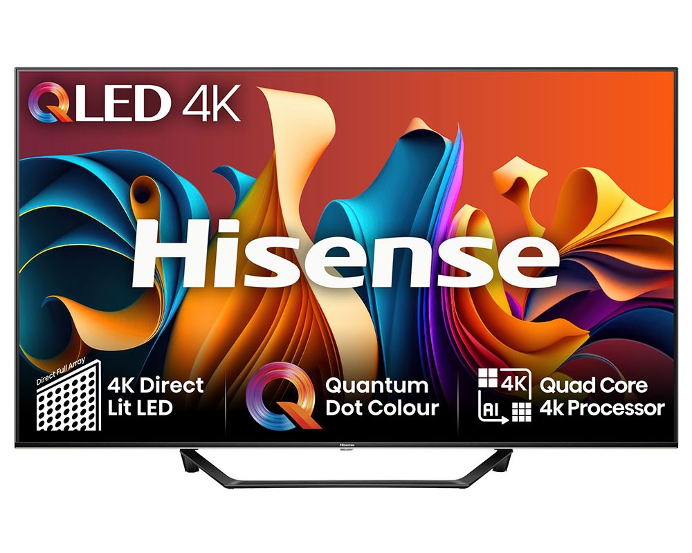 Hisense 55A7NQTUK A7 55" QLED Ultra HD 4K Smart TV features a vibrant display with a sleek black frame, showcasing colorful graphics and key specs like 4K Direct Lit LED and Quantum Dot Colour.