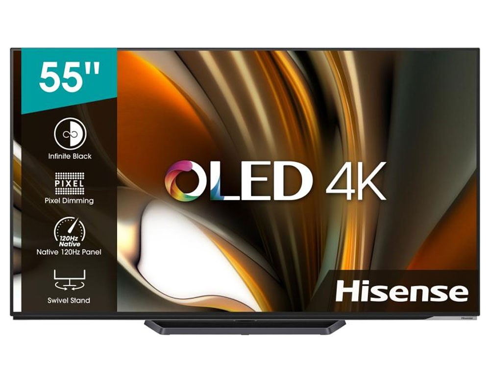 55-inch Hisense OLED TV featuring 4K Ultra HD resolution, HDR support, Amazon Alexa integration, and a sleek black design with a modern swivel stand.