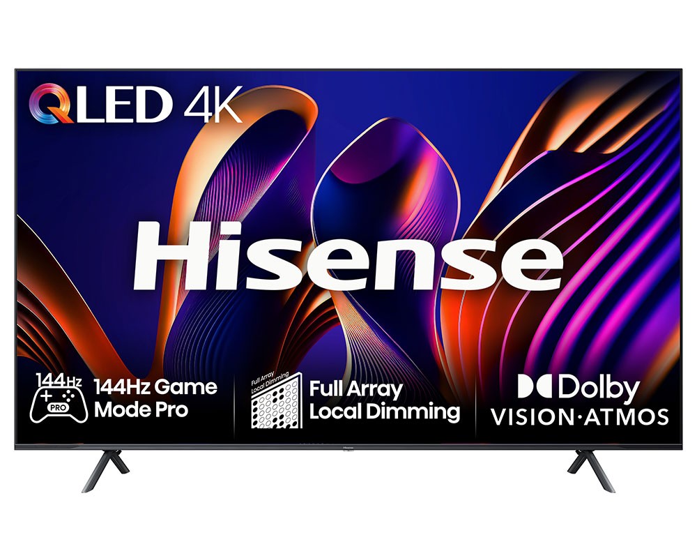 Hisense 55E7NQTUK PRO E7 55" QLED Smart UHD 4K TV features a vibrant display with colorful abstract design, 144Hz refresh rate, and Dolby Vision Atmos branding.