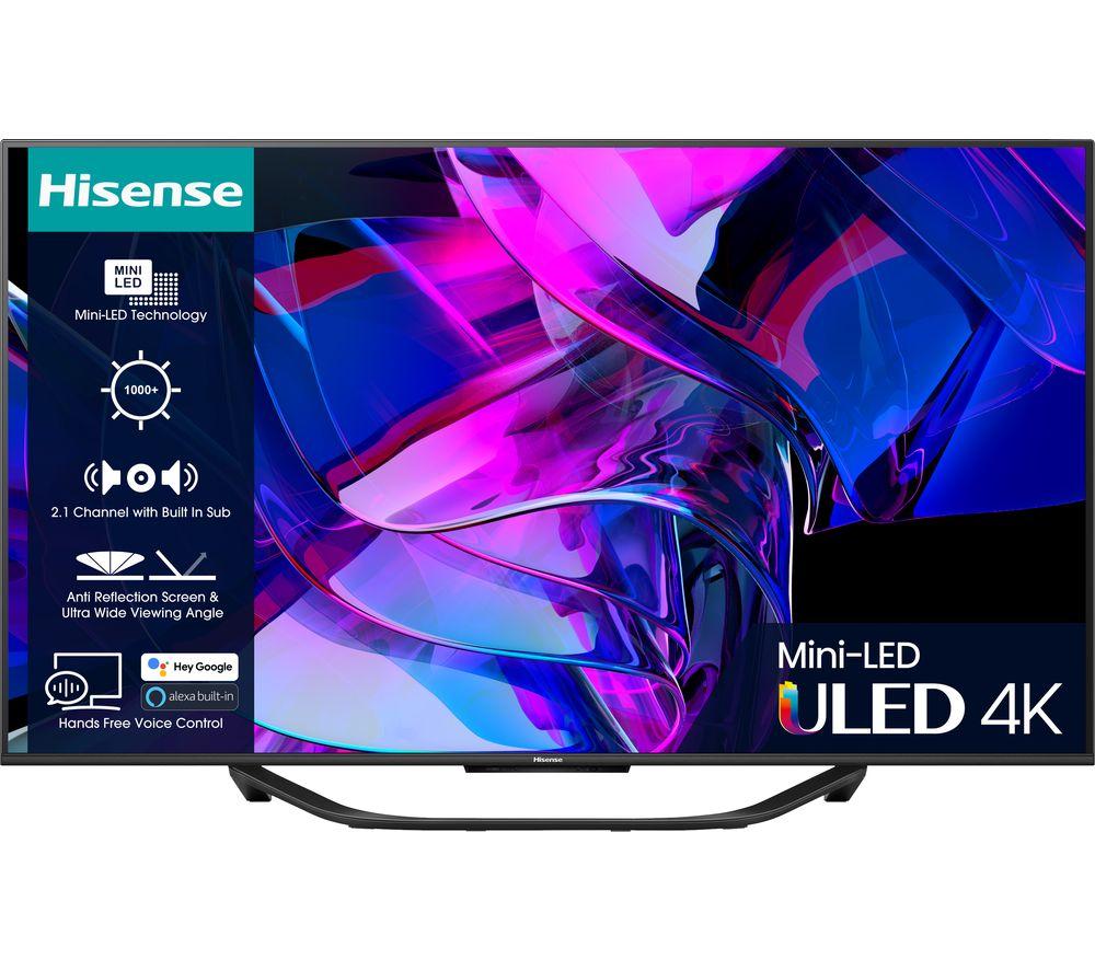 Hisense 55U7KQTUK U7K 55" Mini LED Smart 4K TV features a vibrant display with colorful abstract graphics, sleek black frame, and a modern stand, showcasing advanced mini-LED technology.