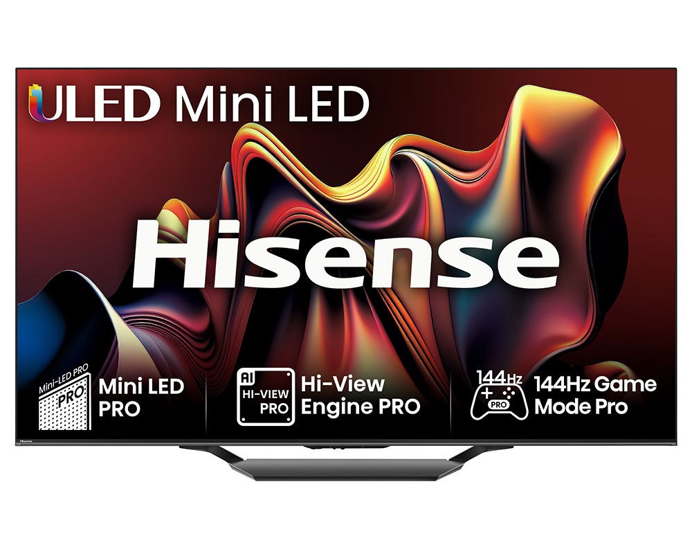 Hisense 55U7NQTUK 55" U7N Mini LED Smart 4K TV featuring a vibrant abstract background, sleek black frame, and key features like 144Hz Game Mode and AI View Engine PRO.
