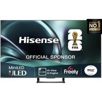 Hisense 55U7QTUK 55" Mini LED Smart 4K TV with sleek black frame and vivid display showing FIFA sponsorship logo.