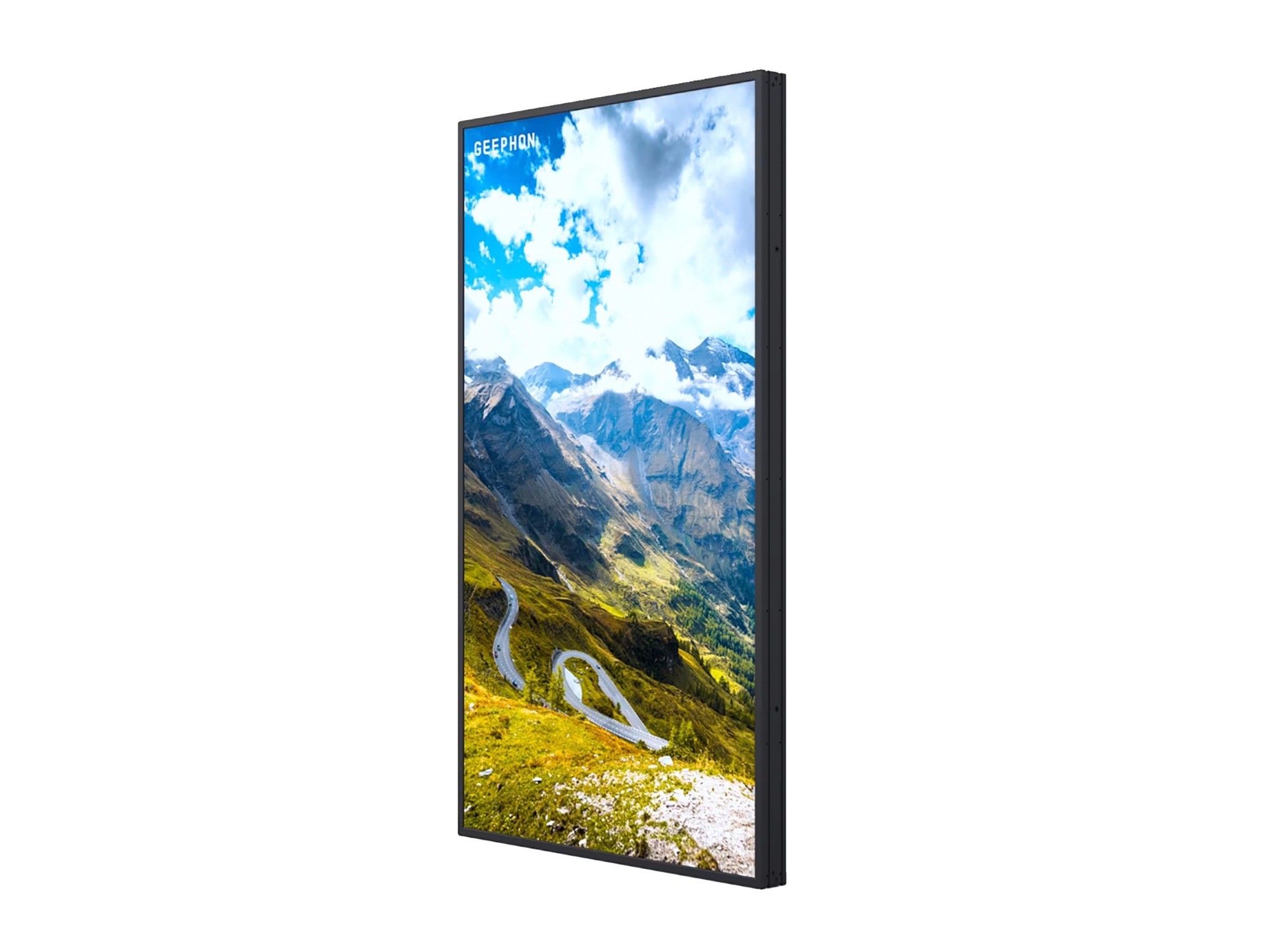 Hisense 55WF25E digital signage display features a sleek black frame, showcasing vibrant colors with a scenic mountain landscape on a 55-inch flat panel screen.