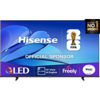 Hisense 65" E7QTUK QLED Smart AI TV with sleek black frame, vivid display, and Freely logo on screen.