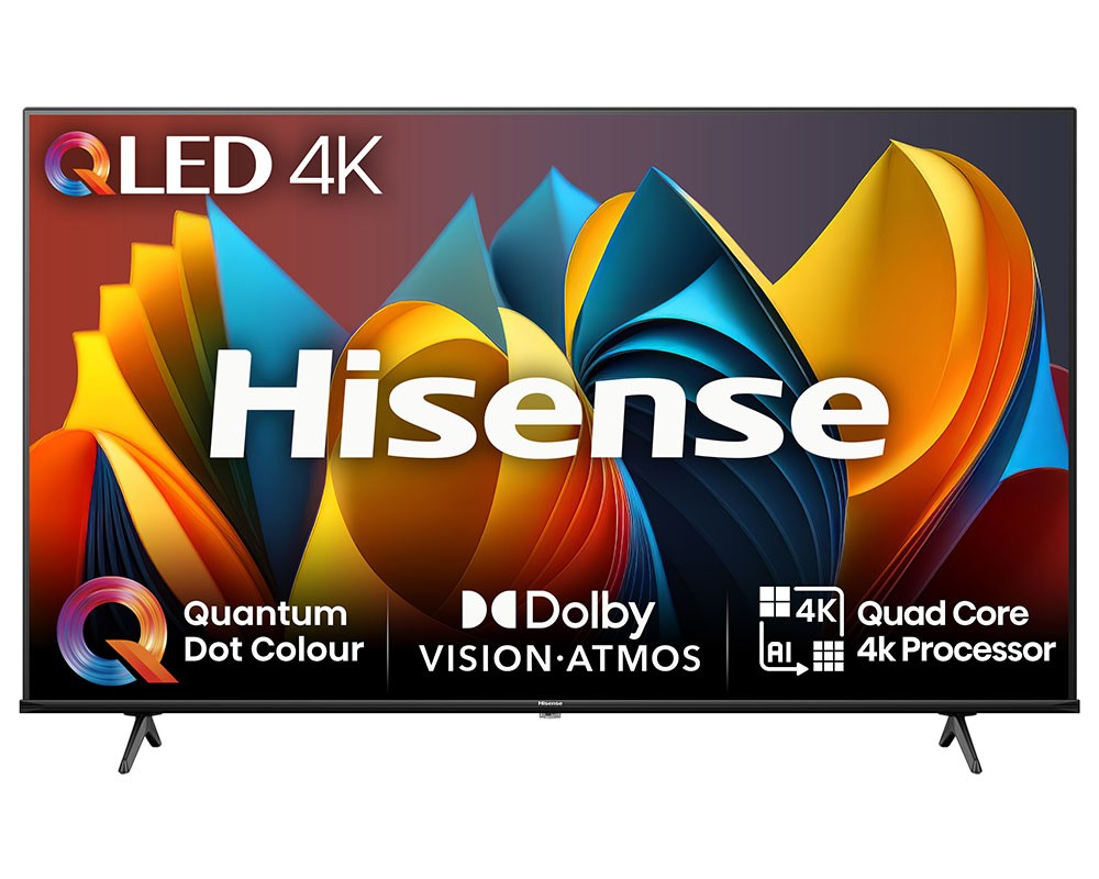 Hisense 65E7NQTUK TV features a 65-inch 4K Ultra HD display with vibrant colors, a sleek black frame, and a QLED panel, showcasing a colorful abstract design.