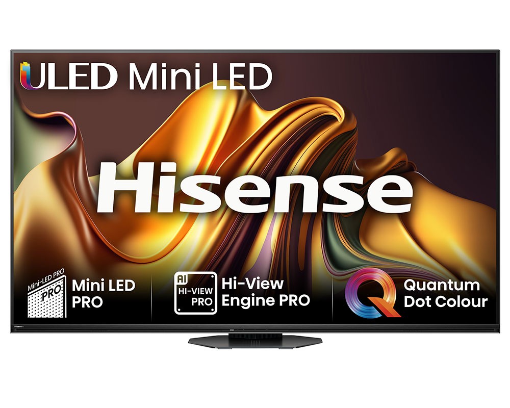 Hisense 65U8NQTUK 65-inch Mini-LED PRO 4K Smart TV features a sleek black frame, vibrant display with Quantum Dot Colour, and prominent branding in white on a colorful background.