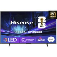 Hisense 75" 4K QLED Smart TV with thin black bezel, 144Hz display, and FIFA sponsorship logo on screen.