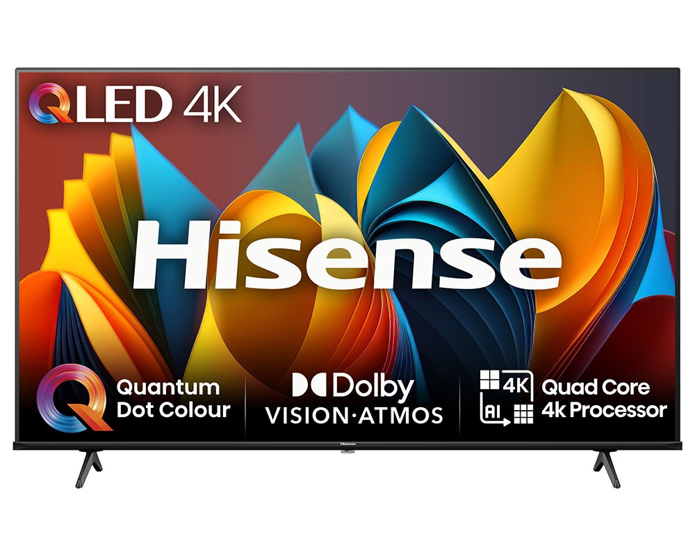 Hisense 75E7NQTUK 75" 4K Ultra HD Smart TV features a vibrant QLED display with Quantum Dot Colour, Dolby Vision, and a sleek black frame on two sturdy stands.