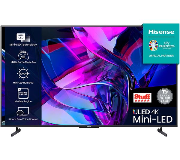 Hisense 85U7KQTUK U7K 85" 144Hz Mini LED UHD Smart 4K TV features vibrant colors, a sleek design, Mini-LED technology, and a prominent Hisense logo in the corner.