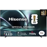 Hisense 85" Mini LED Smart 4K TV with sleek black frame, vibrant display, and FIFA sponsor logo on screen.