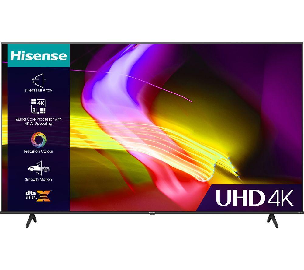 Hisense A6K 50" 4K UHD HDR Smart TV featuring a sleek black frame, vibrant colorful display, and key features like Direct Full Array and Precision Colour.