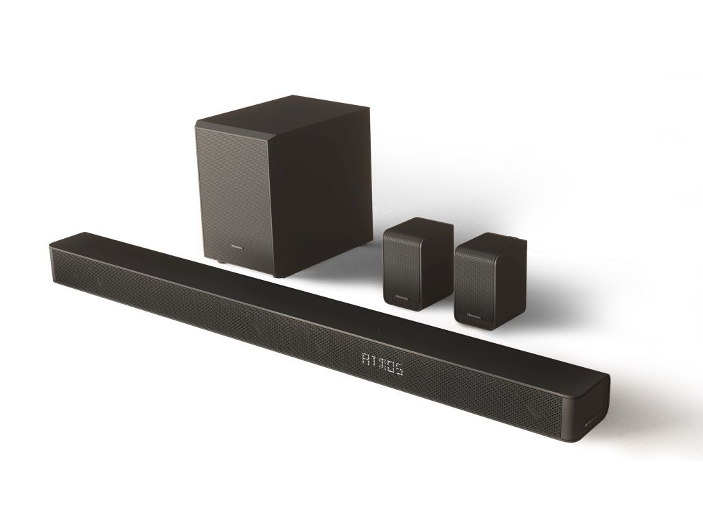 Black Hisense AX5100G soundbar speaker set featuring a sleek soundbar, two compact satellite speakers, and a square subwoofer, all with a modern, textured finish.